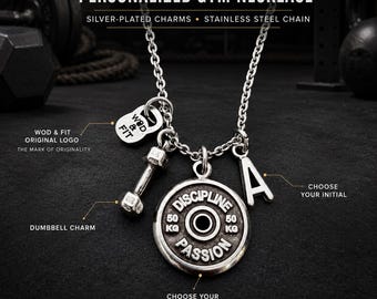 Motivational Gym Necklace with Initial, Fitness Gift with Weight Plate, Dumbbell and Choose Your Quote · GymJewels Wod & Fit
