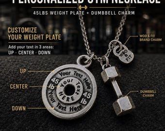 Custom gym necklace with personalized 45lbs weight plate and dumbbell charm, fitness gift for lifter, athlete or coach · Wod & Fit