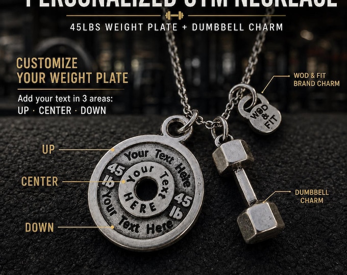 Custom gym necklace with personalized 45lbs weight plate and dumbbell charm, fitness gift for lifter, athlete or coach · Wod & Fit