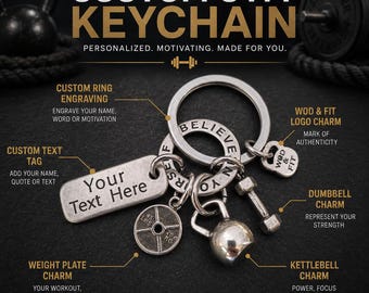 Custom Gym Motivation Keychain, Fitness Gift with Kettlebell, Dumbbell, Weight Plate and Personalized Quote - Custom Gift - Wod & Fit
