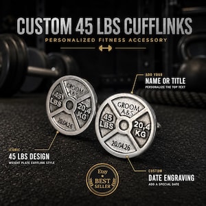 Gepersonaliseerde manchetknopen met een gewichtsschijf van 20 kg, elegant fitnesscadeau voor mannen met gegraveerde initialen, naam of datum · Gym Wod & Fit cadeau