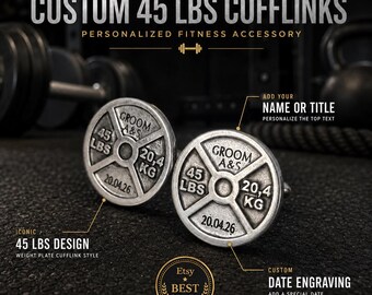 Personalized Weight Plate Cufflinks 45lbs, Custom Gym Cufflinks with Initials, Name or Date, Fitness Gift for Him · Wod & Fit