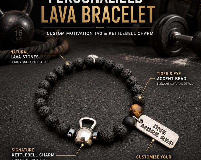 Kettlebell lava stone gym bracelet, unisex fitness jewelry gift for gym lover, lifter, athlete, coach or trainer · Wod & Fit