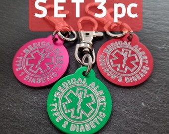 Emergency Medical Alert SET 3 Custom Engraved Aluminum Round 32mm NO LASER -Medical Alert Keychain-Diabetes- Allergy -Medical Condition Info