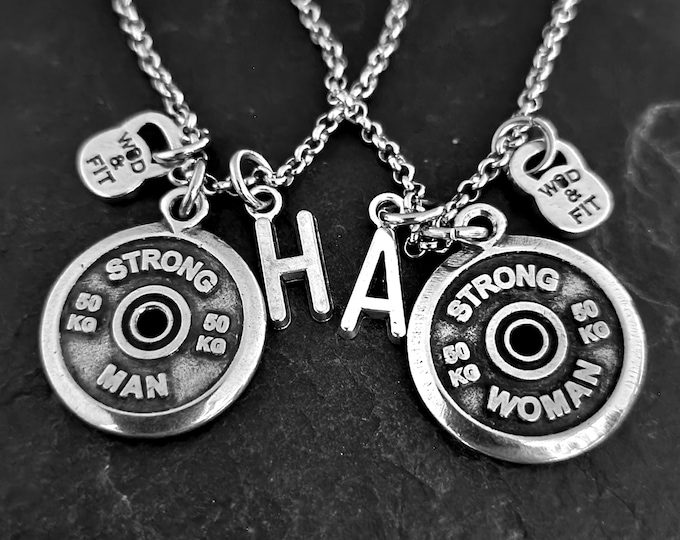 Couples Gym Necklace Strong Man y Strong Woman · Engagement gifts · Bff Gifts · Anniversary Gift · Gym Jewels · Weight Lifting · Wod & Fit