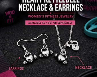 Heart Kettlebell necklace and earrings set, cute fitness jewelry gift for women, gym girl, fit mom, athlete or lifter Wod & Fit
