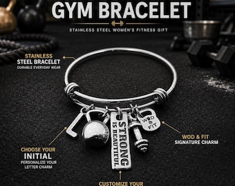 Fitness bracelet with initial and motivational quote for women, customizable gym gift for fit girl, athlete, coach or friend Wod & Fit
