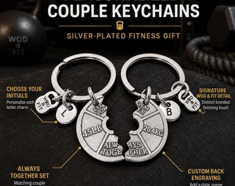 Couple Gym Keyrings, Matching Fitness Keychains, Personalized Weight Plate Gift, Workout Partner Gift for Him Her .couples jewelry Wod & Fit