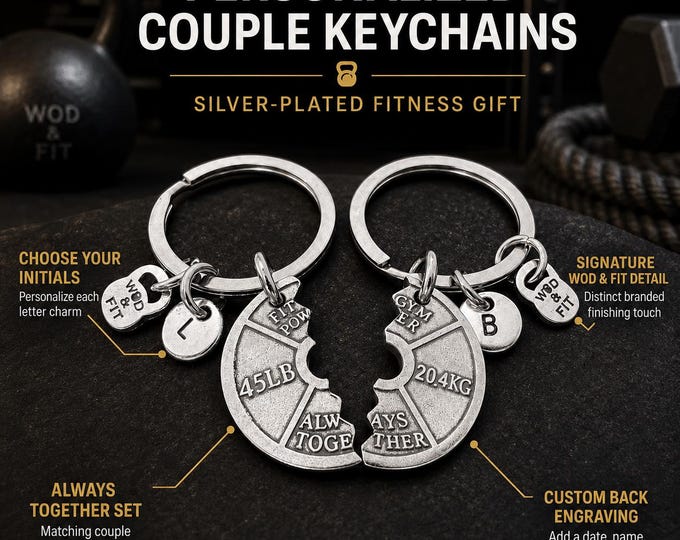 Couple Gym Keyrings, Matching Fitness Keychains, Personalized Weight Plate Gift, Workout Partner Gift for Him Her .couples jewelry Wod & Fit