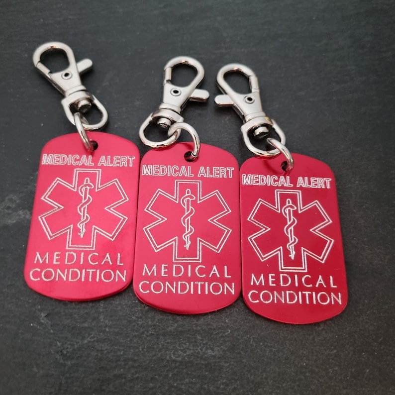 Medical Alert Keycahin Personalized Engraved Aluminum 50x30 - Medical ID Tag, Emergency Med Alert Keychain ICE Medical Information Tag image 16