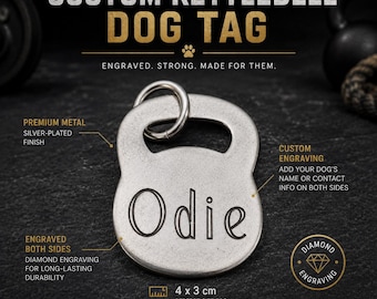 Kettlebell Pet Tag, Custom Dog ID Tag, Personalized Dog Name Tag, Fitness Dog Lover Gift, Engraved Pet Collar · Microchip Tag  Wod & Fit