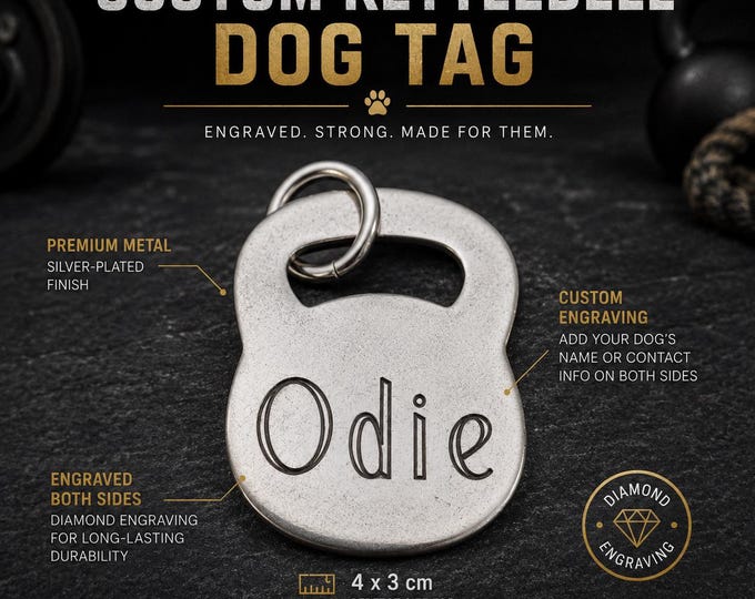 Kettlebell Pet Tag, Custom Dog ID Tag, Personalized Dog Name Tag, Fitness Dog Lover Gift, Engraved Pet Collar · Microchip Tag  Wod & Fit