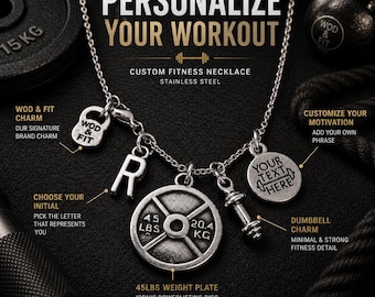 Gym necklace with weight plate 45lbs , initial and custom motivational quote, unisex fitness gift for athlete, lifter or coach Wod & Fit