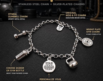 Personalized Fitness Bracelet with Name, Custom Gym Bracelet with Shaker or Gym Bottle, Dumbbell, Kettlebell and Engraved Tag  · Wod & Fit