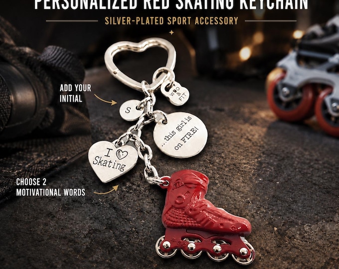 Personalized Red Skating Keychain with Initial, Roller Skate Gift for Skater Girl, Inline Skate Charm with 2 Motivational Quotes Wod & Fit