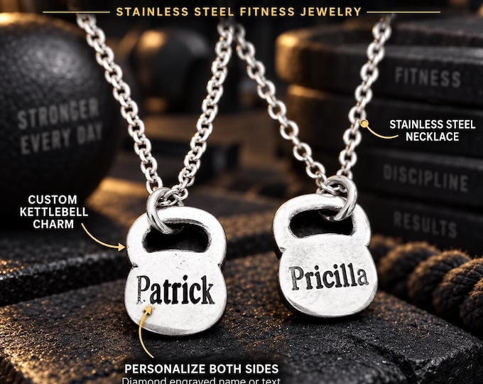 Fitness necklace with custom kettlebell charm, personalized gym jewelry gift for athlete, lifter, coach, trainer or gym lover · Wod & Fit
