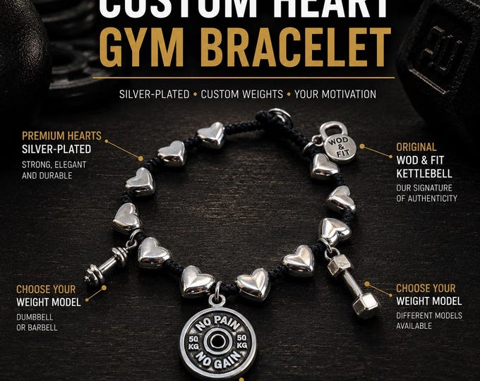 Motivational Gym Bracelet for Women, Fitness Gift with Weight Plate, Dumbbell, Barbell or Kettlebell Charms · Wod & Fit