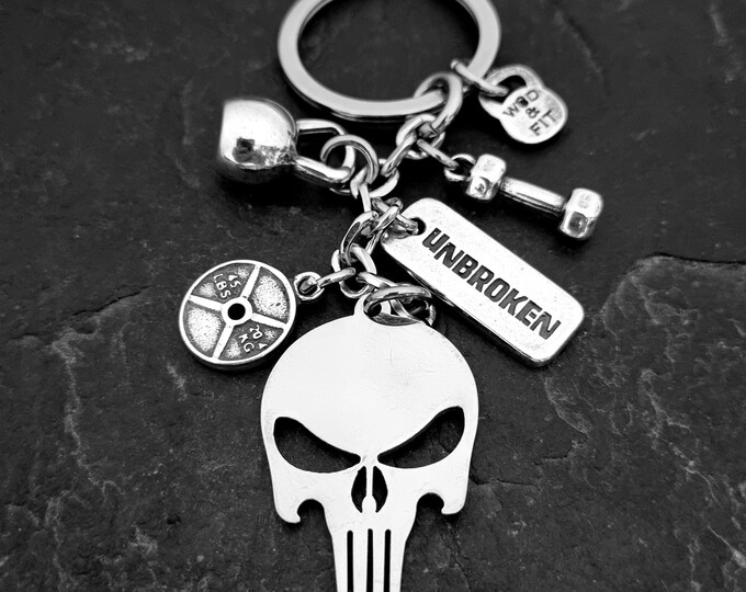 Gym Keychain Punisher Custom Motivation · CUSTOM Gifts· Bodybuilding · Crosstrainig Skulls· Gym Gifts · Fitness · Custom Keychain· Wod & Fit