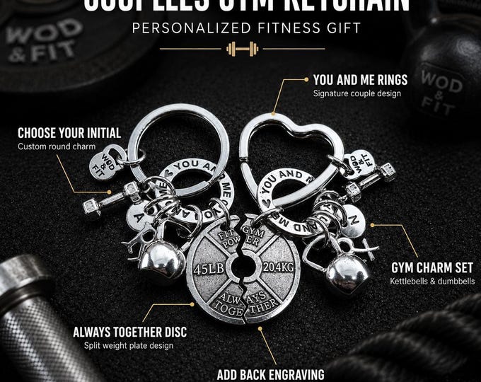 You and Me couples gym keychains with Weight Plate Always Together, romantic fitness gift for boyfriend or workout partner · Wod & Fit