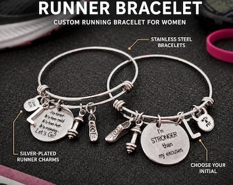 Motivational runner bracelet for women with double sided tag Let’s Go and I’m Stronger than My Excuses, runner gift wod & fit