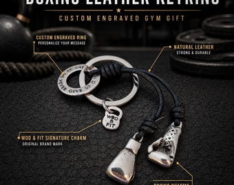 Leather boxing gloves keychain with personalized metal ring, custom motivational boxing gift for boxer, fighter, coach or trainer Wod & Fit