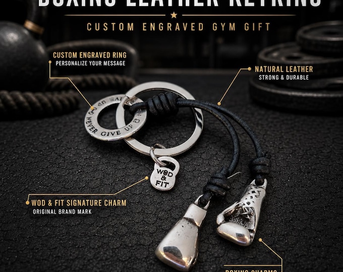 Leather boxing gloves keychain with personalized metal ring, custom motivational boxing gift for boxer, fighter, coach or trainer Wod & Fit