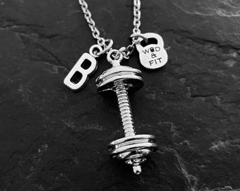 Gym Barbell Necklace · Boyfriend Gift · Initial Necklace · Weight lifting · Fitness Necklace · Barbell Pendant · Gift for Dad · Wod & Fit