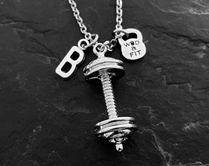 Gym Barbell Necklace · Boyfriend Gift · Initial Necklace · Weight lifting · Fitness Necklace · Barbell Pendant · Gift for Dad · Wod & Fit
