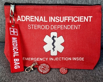 Emergency Pouch Medical Alert Medical Bag + Aluminum Tag · Emergency First Aid Pouch - Epipen Inside · Medical Alert Keychain - Diabetes