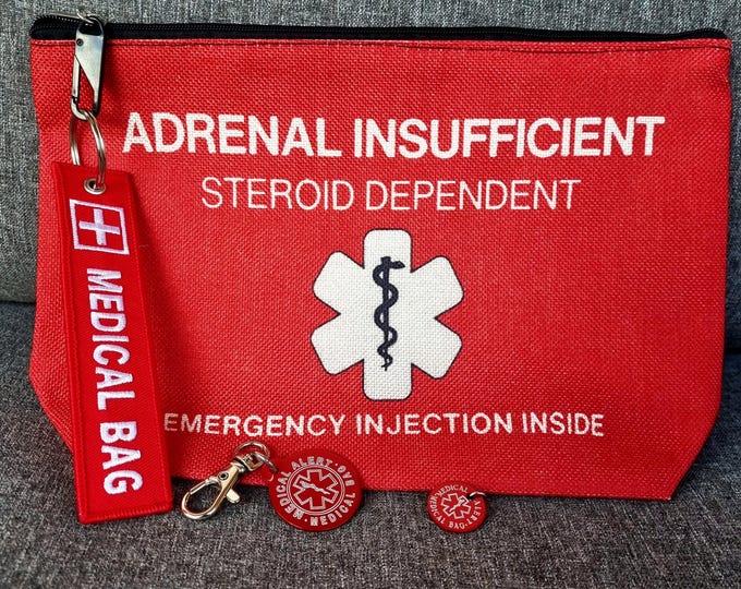 Emergency Pouch Medical Alert Medical Bag + Aluminum Tag · Emergency First Aid Pouch - Epipen Inside · Medical Alert Keychain - Diabetes