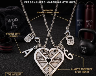 Weight Plate Heart gym necklaces with initials, gift for friends, sisters, BFF, mom and daughter, fitness gym besties together Wod & Fit