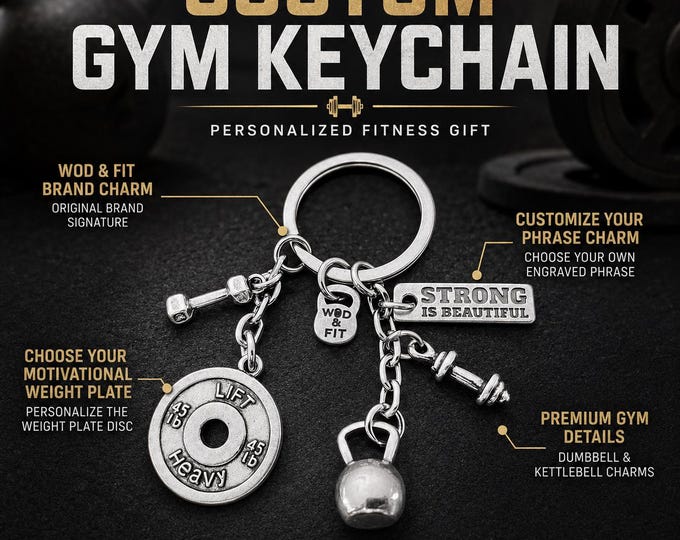 Personalized Kettlebell Gym Keychain, Custom Fitness Gift with Weight Plate, Workout Motivation Keychain with Name or Phrase - Wod & Fit