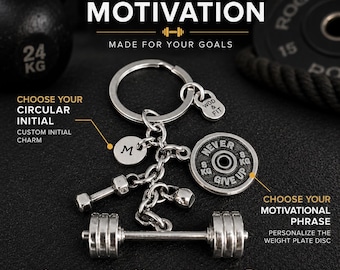 Gym Keychain Personalized – Weightlifting Barbell Keyring with Initial, Motivational Quote, Dumbbell – Fitness Gift for Gym Lovers,Wod & Fit