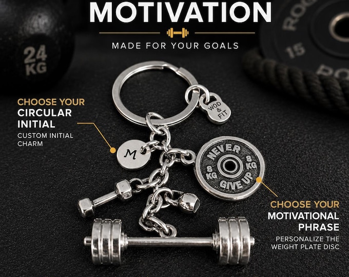 Gym Keychain Personalized – Weightlifting Barbell Keyring with Initial, Motivational Quote, Dumbbell – Fitness Gift for Gym Lovers,Wod & Fit