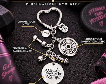 Women and girls gym keychain with motivational weight plate and initial, fitness gift for gym girl, athlete or friend Wod & Fit