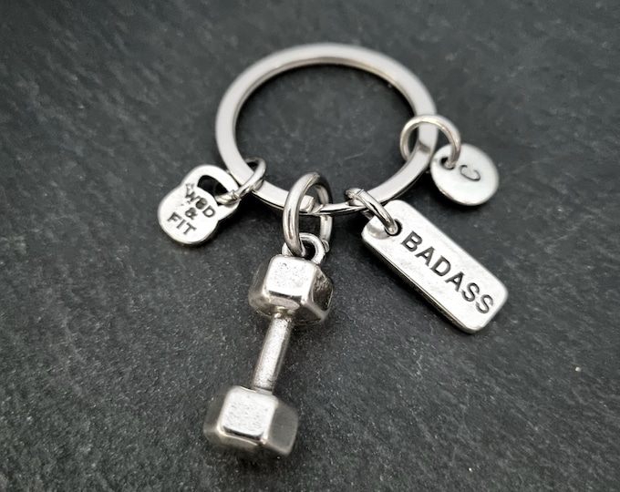 Gym Key ring Dumbbell BADASS / Go Hard Initial- Workout Gifts · Gym Motivation · Gym Gifts - Weight Lifting · Girlfriend Gift · Wod & Fit