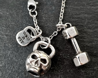 Skull Gym Necklace with Kettlebell Dumbbell Medium Workout Gifts · BFF Gift Idea · Skull necklace · pendnat necklace · Gym Gift · Wod & Fit