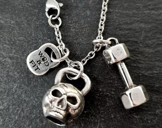 Skull Gym Necklace with Kettlebell Dumbbell Medium Workout Gifts · BFF Gift Idea · Skull necklace · pendnat necklace · Gym Gift · Wod & Fit