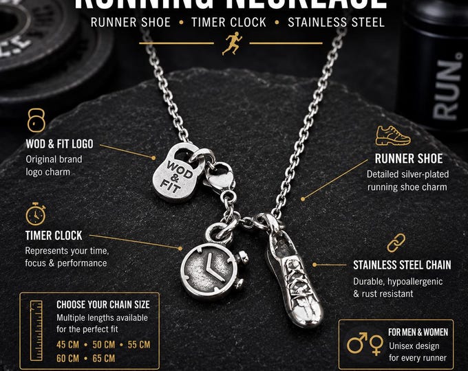 Runner Necklace with Running Shoe and Stopwatch Charm, Marathon Gift, Race Day Jewelry for Runner or Athlete · Wod & Fit