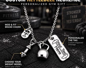 Custom kettlebell gym necklace, motivational fitness gift for athlete, gym lover, coach, trainer, lifter or fit mom · Wod & Fit