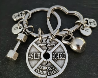 Couple Fitness Keychains – Kettlebell, Dumbbell Design Weight Plate Always Together · Gym Gifts· Bodybuilding· Gym Jewels · Wod & Fit