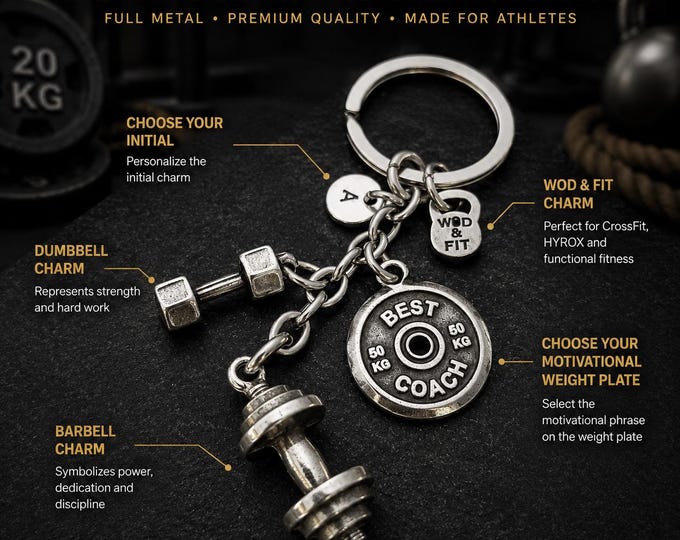 Barbell Gym Keychain with Motivational Weight Plate, Fitness Gift for Boyfriend, Coach, Gym Dad or Weightlifter · Wod & Fit