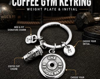 Coffee Gym Keychain with Initial, Fitness Gift with Motivational Weight Plate for Coffee and Gym Lovers · Wod & Fit