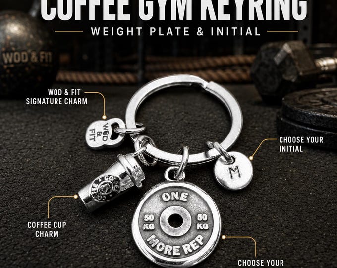 Coffee Gym Keychain with Initial, Fitness Gift with Motivational Weight Plate for Coffee and Gym Lovers · Wod & Fit