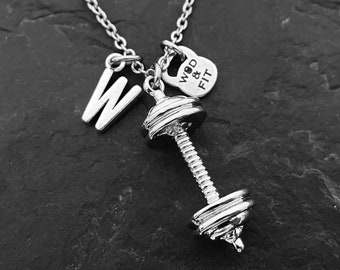 Gym Barbell Necklace · Boyfriend Gift · Initial Necklace · Weight lifting · Fitness Necklace · Barbell Pendant · Gift for Dad · Wod & Fit