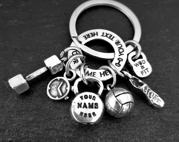Personalized Hybrid Fitness Keychain Name Date | Runner Gym Gift Functional Fitness Race | Dumbbell Kettlebell Timer Running Wod & Fit
