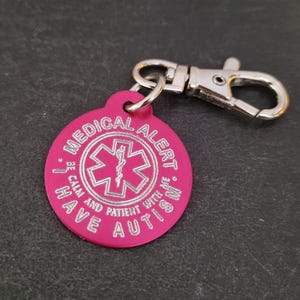 Emergency Medical Alert Autism Custom Engraved Aluminum Round 32mm NO LASER - Medical Alert Autism Keychain - Allergy - Medical ICE id Info
