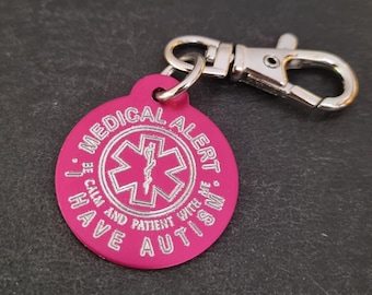 Emergency Medical Alert Autism Custom Engraved Aluminum Round 32mm NO LASER - Medical Alert Autism Keychain - Allergy - Medical ICE id Info