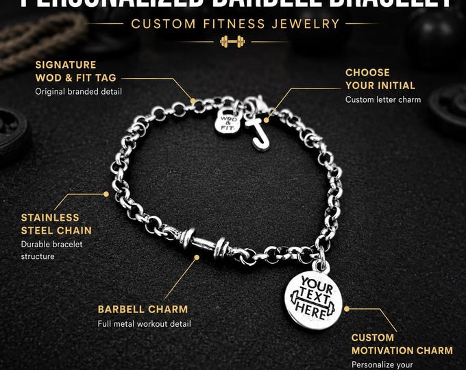 Barbell Gym Bracelet, Fitness Motivation Gift, Personalized Initial Workout Bracelet for Gym Lover ·   Wod & Fit