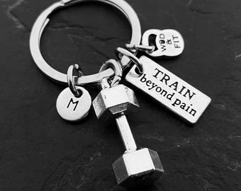 Gym Key ring Train Beyond Pain Dumbbell · Initial Keychain · Gym Gift · Personal Trainer  · Bff Gifts · Boyfriend Gift · dad Gift ·Wod & Fit